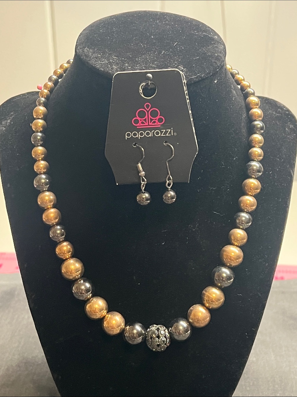 Paparazzi Gold and Gunmetal Beaded Necklace with Dangle Earrings